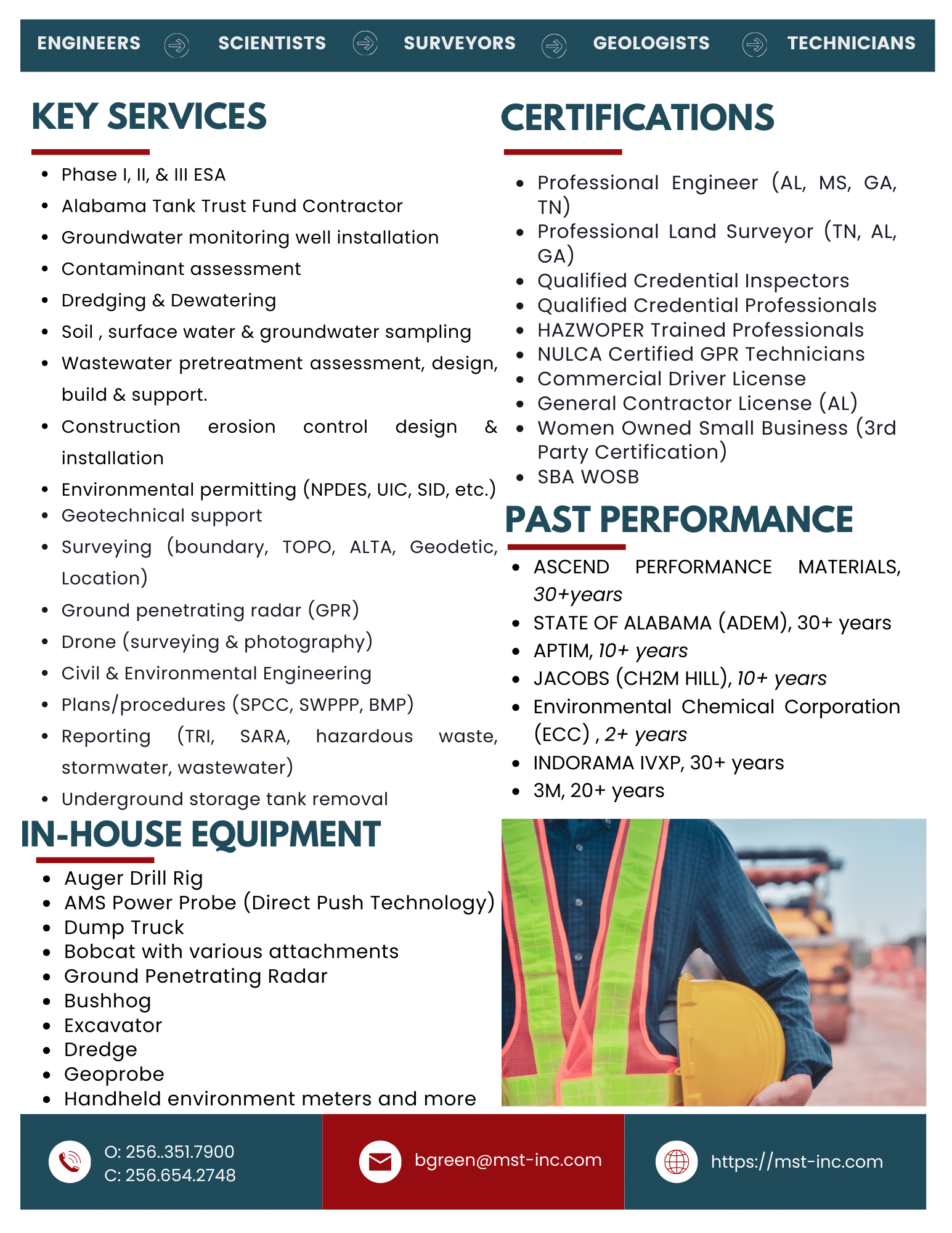 Mid-South Testing capability statement highlighting over 40 years of experience in Environmental, Civil, and Geotechnical Engineering, serving Alabama and the Southeast region